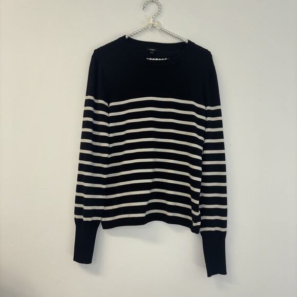 Express Sz Lg Nautical Boating Black White Striped Coastal Basic Sweater Crew - Picture 1 of 9